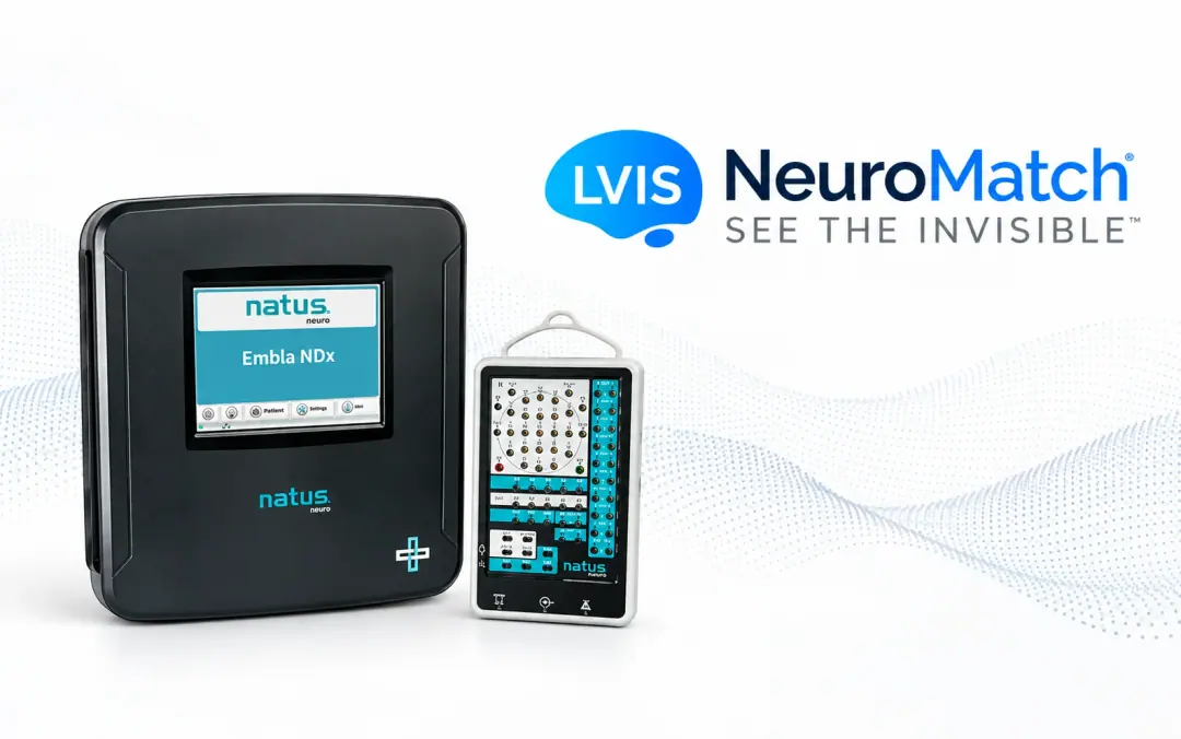 Natus Embla NDx 뇌파 검사 장비와 뉴로매치(NeuroMatch) 정량뇌파 분석을 함께 소개하는 AI 편집 이미지